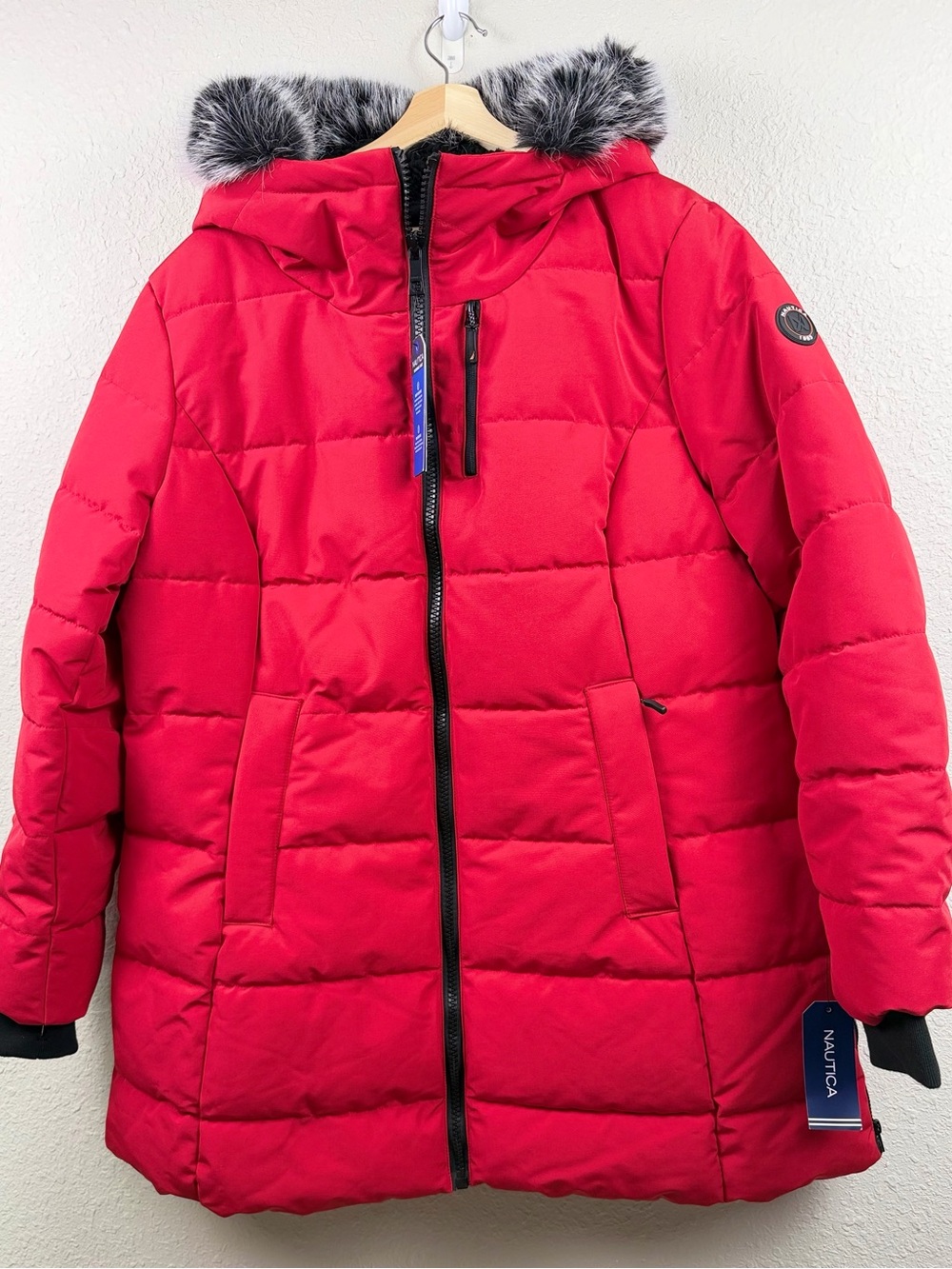 NWT Nautica XXL Red Puffer Jacket Faux Fur Hood Long Winter Parka Coat